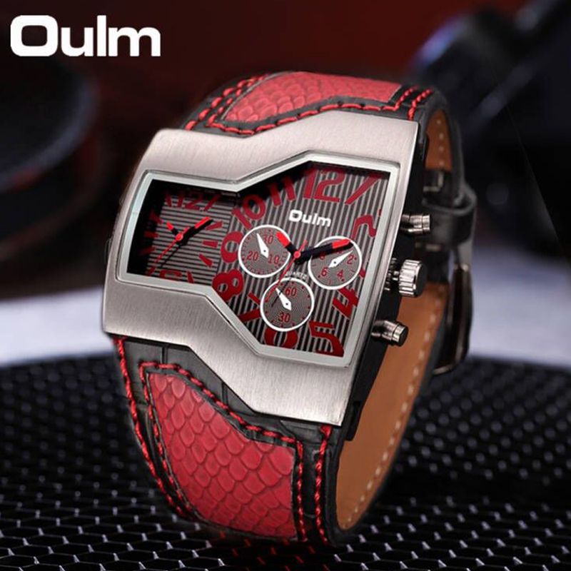 Oulm Unique Dragon Texture Design Men's Watches Two Time Zone Quartz Clock Male Sport Waterproof Watch Leather Strap Wristwatch_voghion.com
