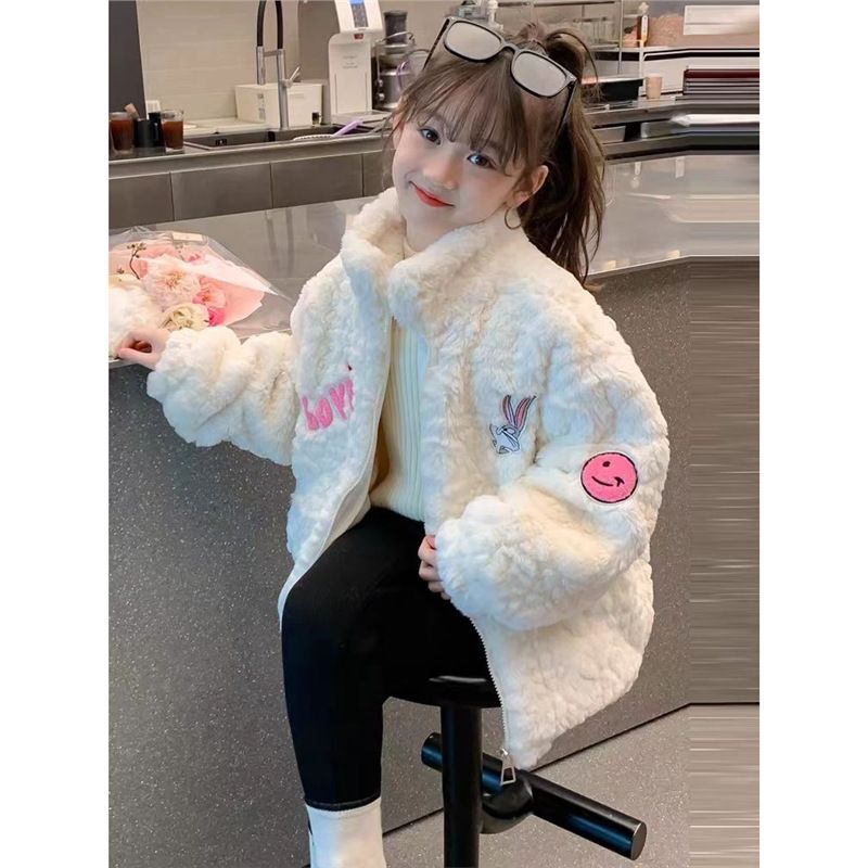 Cappotto autunnale per bambine 2025 Nuovo cappotto invernale per bambini in pile spesso con pelliccia di visone sorridente e coniglio_voghion.com