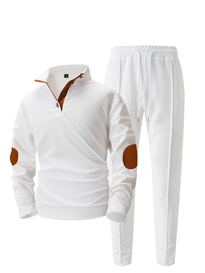 Traje de sudadera de manga larga con cuello alto y botones, coderas y pantalones de estilo americano para hombre, otoño_voghion.com