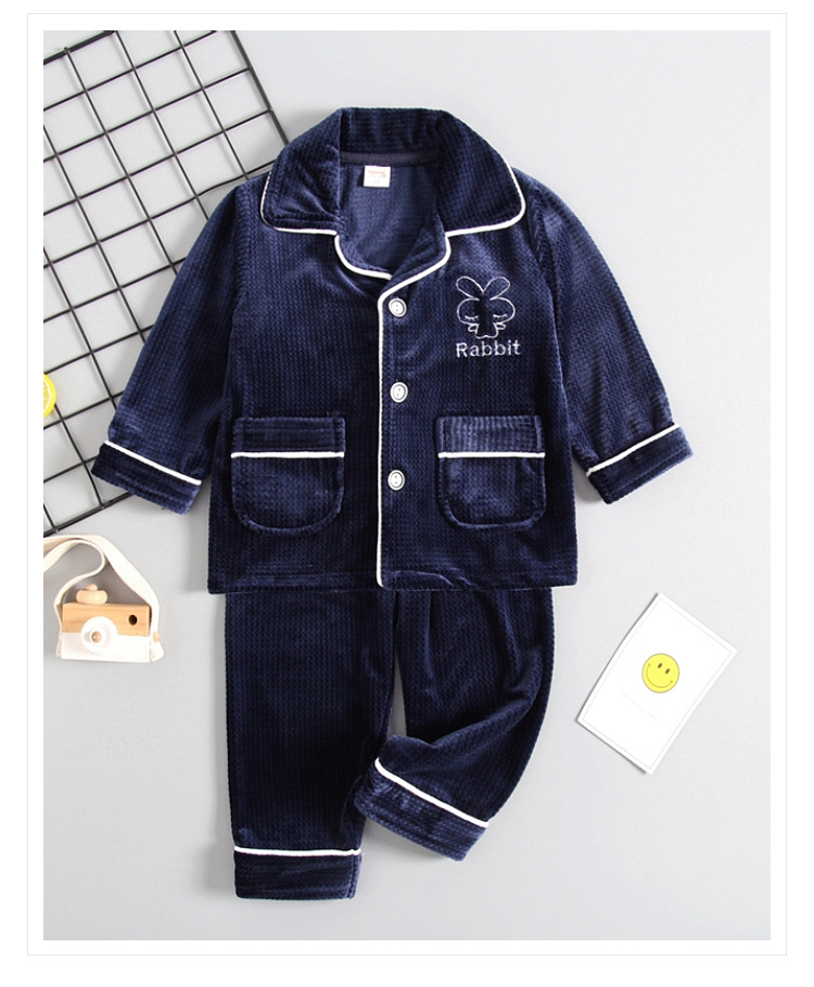 Conjunto de pijamas de terciopelo de doble cara para niños, ropa de hogar de terciopelo Coral elástico cálido para niños y niñas en otoño e invierno_voghion.com