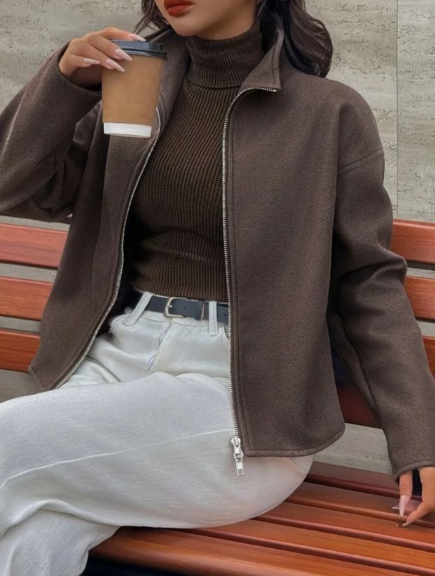 Giacca minimalista in simil-lana – Vestibilità slim, collo alto, cappotto casual con cerniera frontale per donna (S-XXL, marrone caffè)_voghion.com