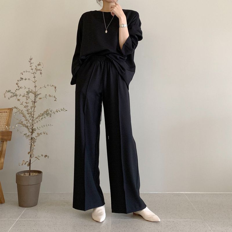 Damenbekleidung Frühfrühling Lazy Loose Sweater Hohe Taille Cover Meat Lässiger Hosenanzug mit weitem Bein für Damen_voghion.com