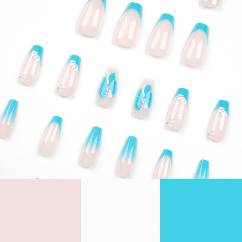 Noszone francuskie naszywki do manicure, wykończone niebieskim gradientem motyla i białym kwiatem do upiększania paznokci_voghion.com