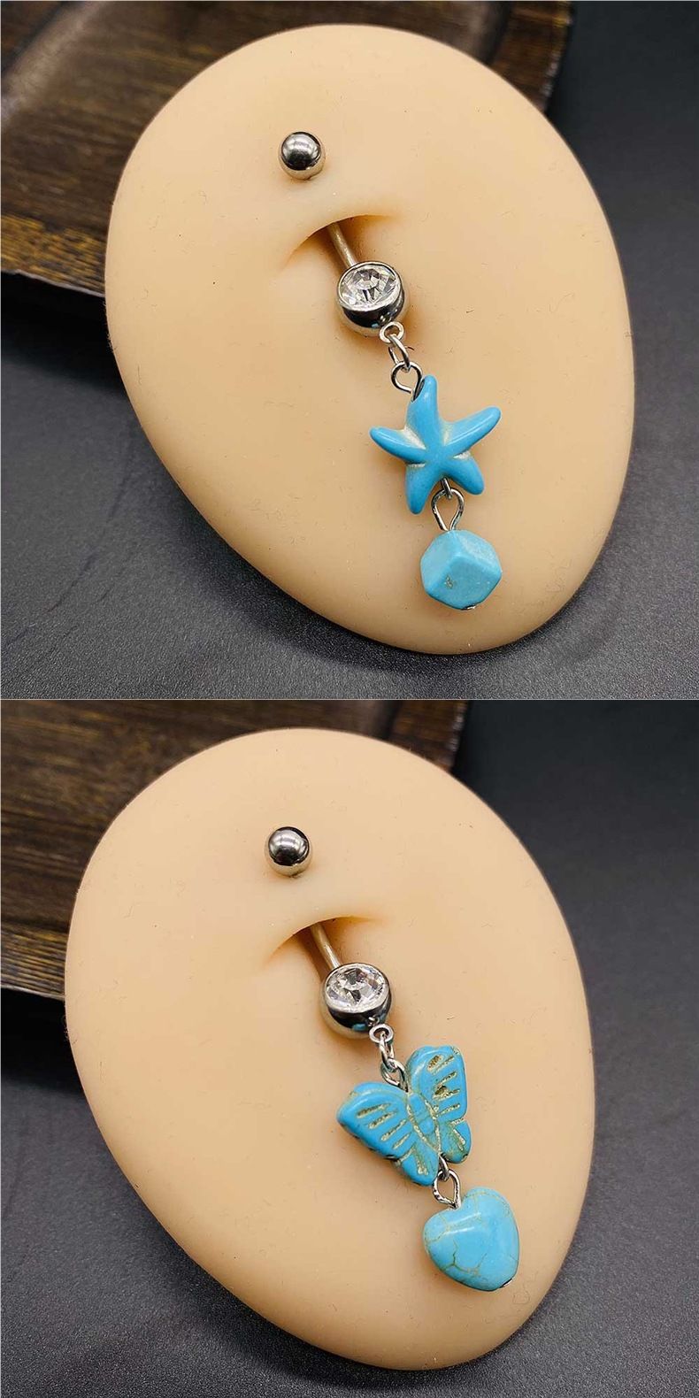 Nuovo piercing all'ombelico con ciondolo a forma di piuma turchese in acciaio inossidabile, a forma di cactus, farfalla, cuore, stella marina_voghion.com
