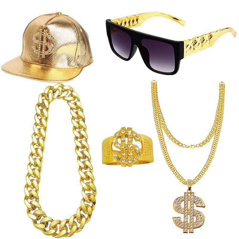Accessori per performance da rapper Newlon, collana in lega hip-hop fiammeggiante, anello USD, occhiali con lenti viola_voghion.com