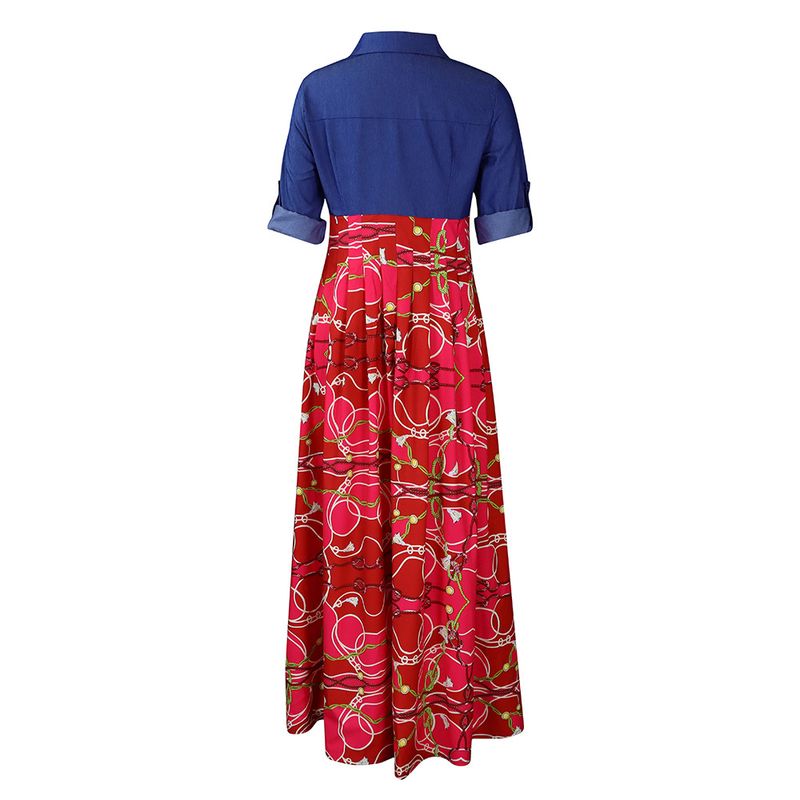 C8551 autumn and winter new large size women's fashion casual denim splicing printed long skirt big swing foreign trade dress_voghion.com