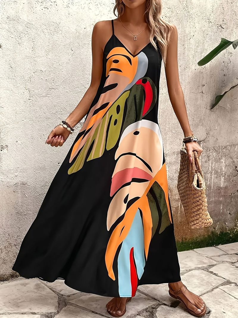 Sommermode Neue Urlaub Bequeme Casual Gedruckt V-ausschnitt Hosenträger Lange Kleid_voghion.com