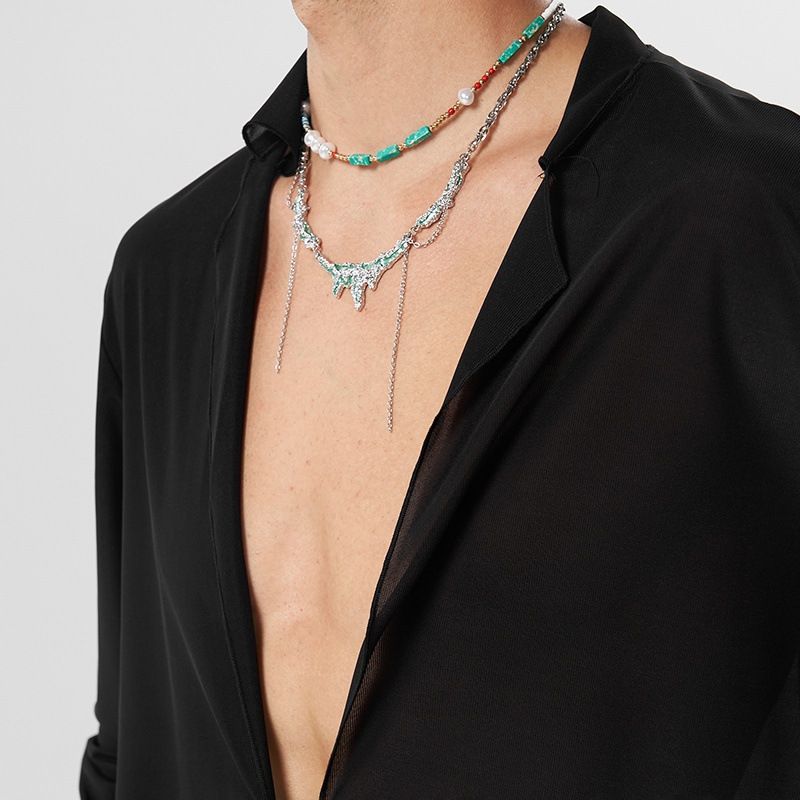 Men's Thin Solid Color Sexy Deep V-Lace Long sleeved Cardigan Shirt Perspective Pants Fashion Set_voghion.com