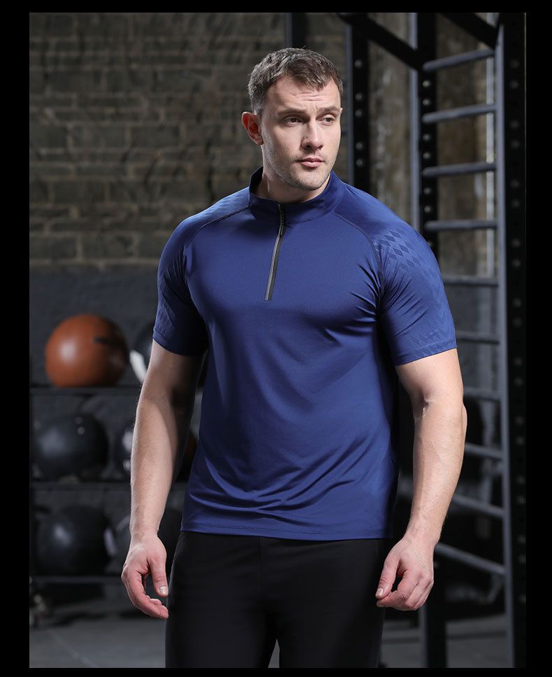 T-shirt de fitness d'été pour homme, demi-fermeture éclair, col montant, séchage rapide, haute élasticité, respirant, moulant_voghion.com