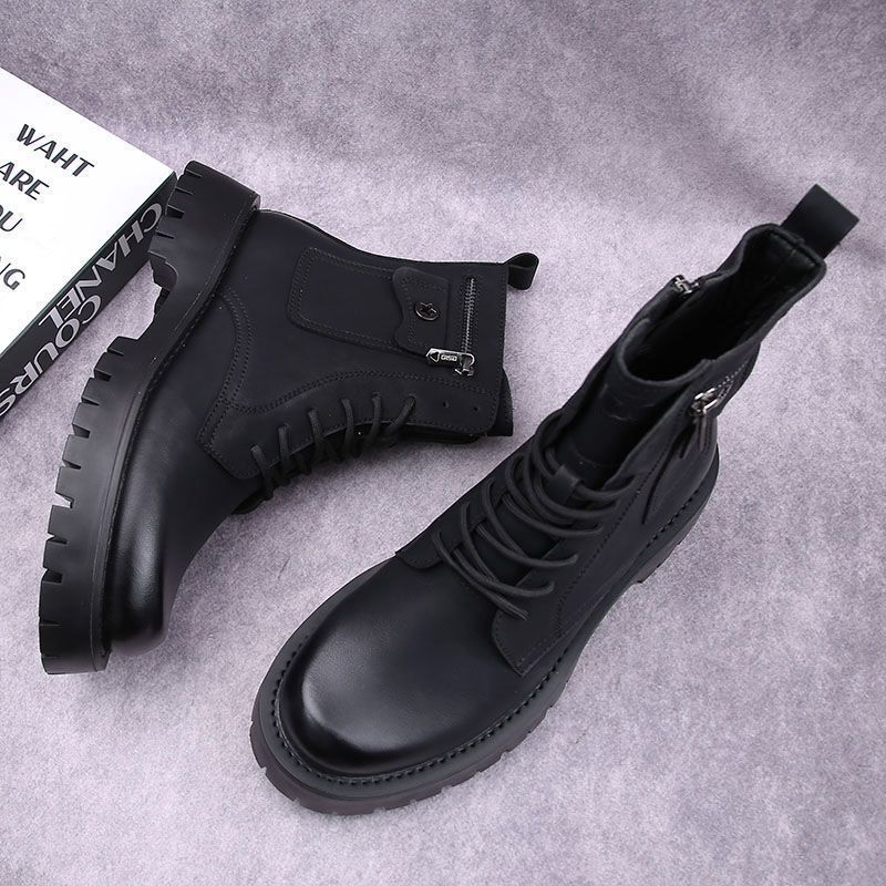 Men's Shoes boots men's Martin boots autumn and winter plus velvet high-top casual leather shoes British versatile thick-soled knight short boots_voghion.com