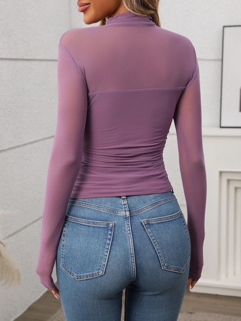 2025 New Women's Semi High Neck See Through Long Sleeved T-shirt Sexy Y2K Mesh Top_voghion.com