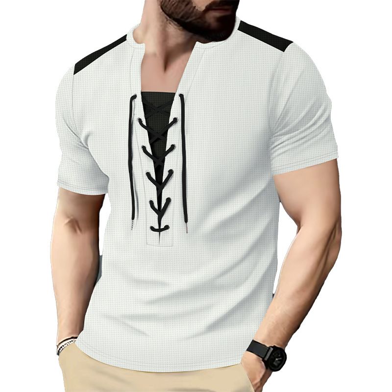 New Men's Waffle Knit Versatile Casual Color Block Patchwork Drawstring Round Neck Short Sleeve T-Shirt Top_voghion.com