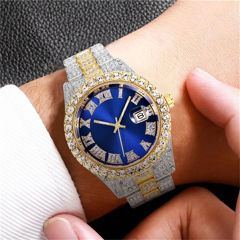 Heren stalen band quartz horloge hiphop business stalen band kalender heren volledig diamanten horloge_voghion.com