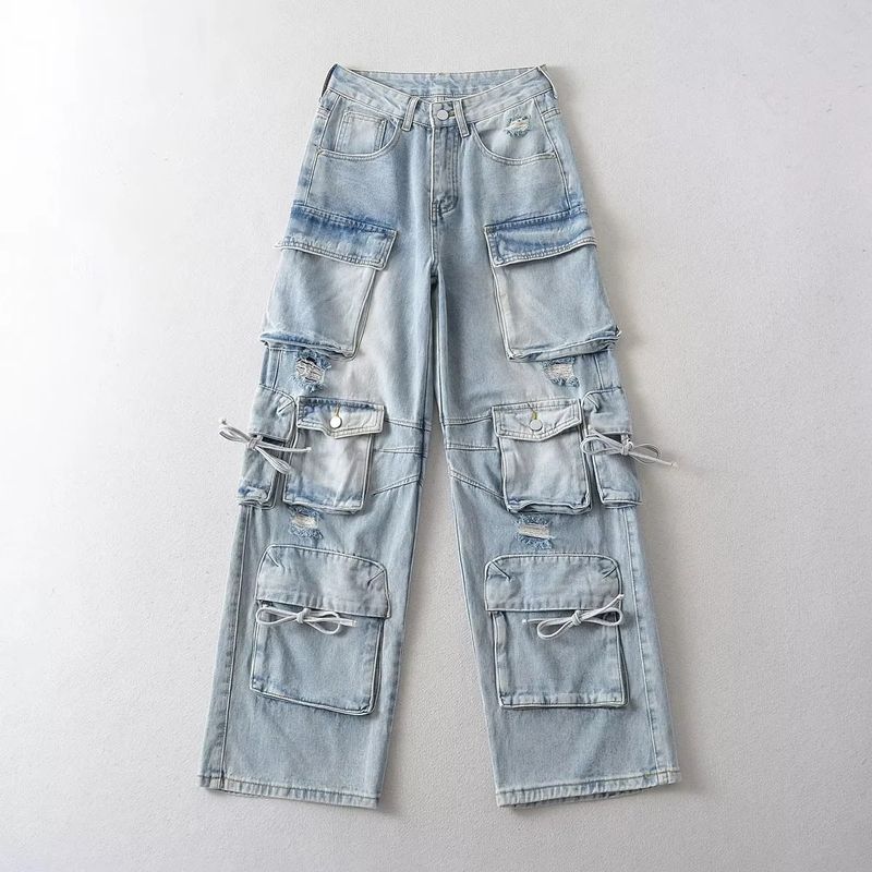 Sieviešu apģērbs Street Style Multi Pocket Džinsi Jaunas rudens raibs bikses Modes Street Shot Straight ikdienas bikses_voghion.com