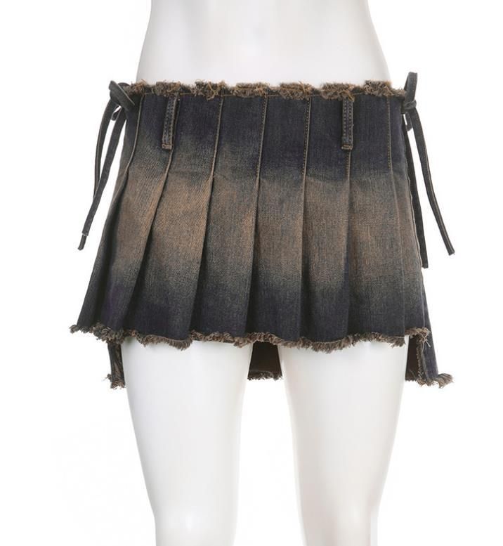 Falda vaquera retro con correa de cintura alta, Falda plisada irregular de una pieza, chica sexy súper corta_voghion.com