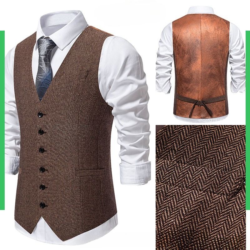 Herbst und Winter Herren Fischgrätenanzug Weste Retro Spleißen Einreihige Weste Herrenweste_voghion.com