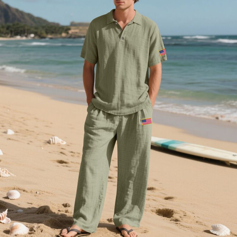 Summer Loose Men's Beach Linen Breathable Casual Large Size Lapel Independence Day Trousers Suit_voghion.com