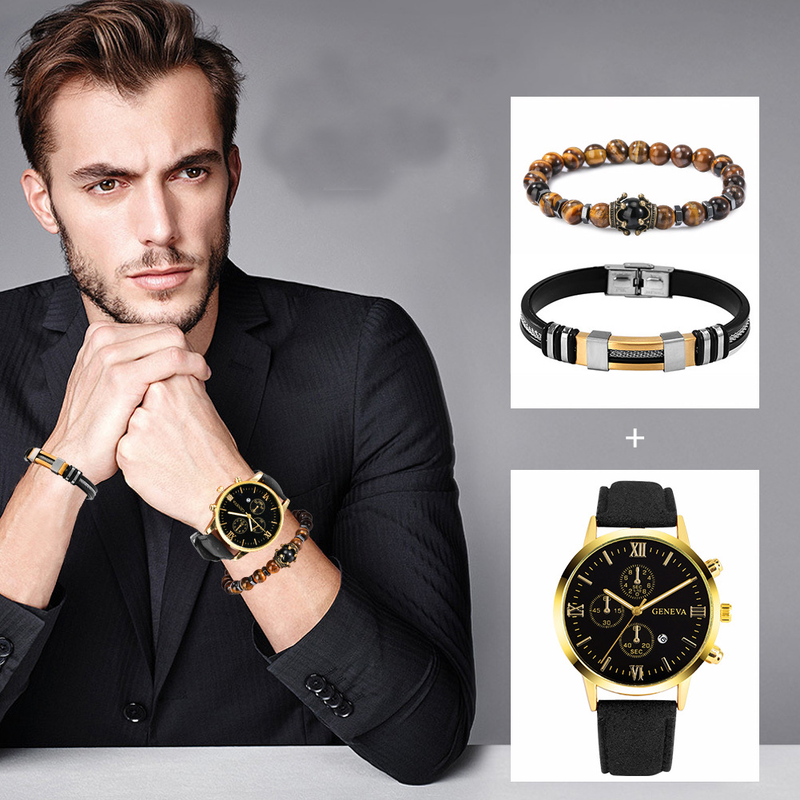 Men's Watches Business Gift Set Holiday Birthday Gift Set Bracelet Necklace Watch Set 3pcs/set_voghion.com