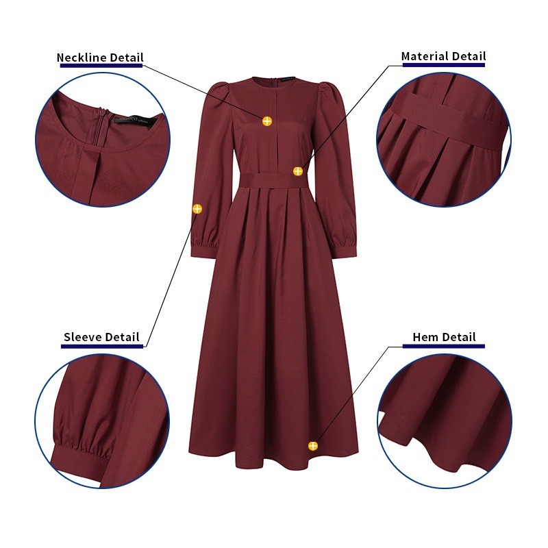 Damklänning Plus Size Klänning Puffärm Rundhals Enfärgad lång kjol Robe Klänning_voghion.com