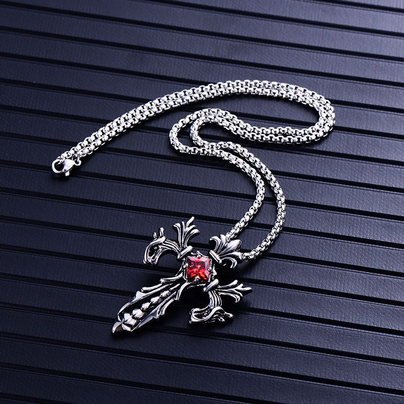Personality Jewelry Titanstahl mit rotem Anhänger, Doppeldrachenkreuz-Halskette für Herren_voghion.com