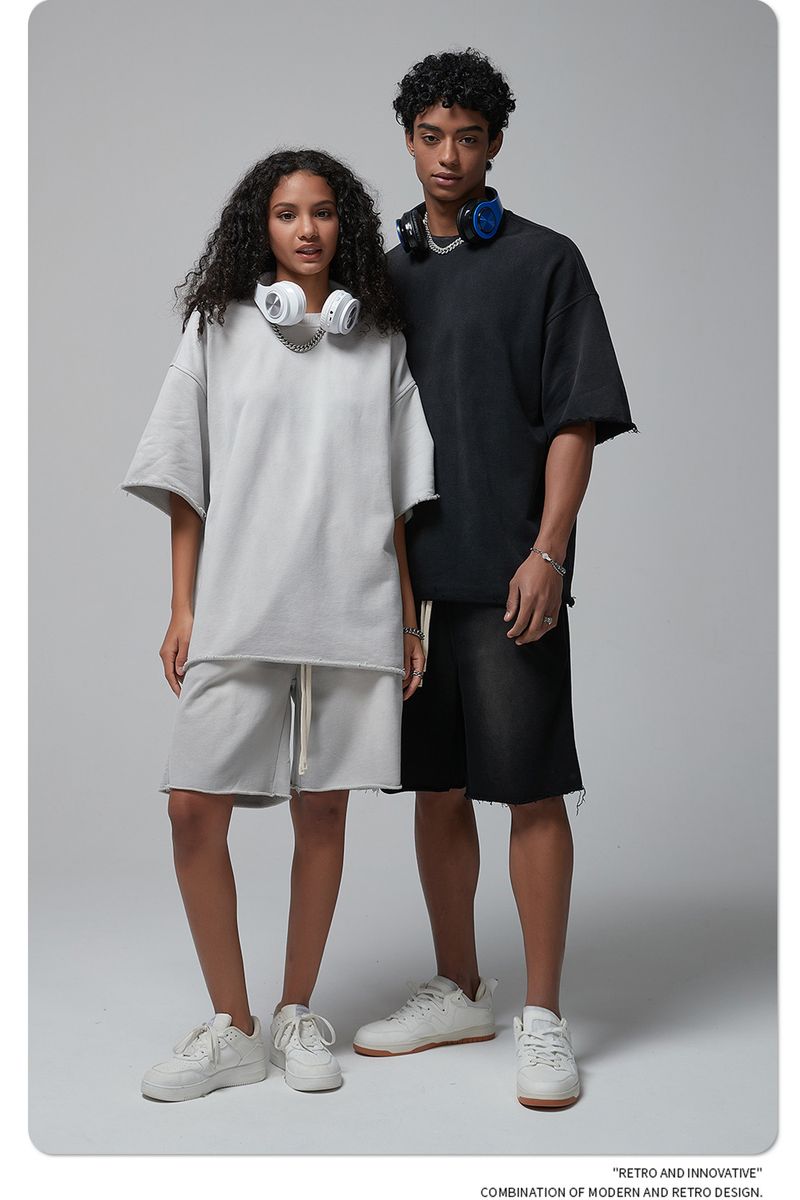 Lente en zomer oude spray-dye geborstelde losse rand high street trend merk korte mouwen shorts koppelpak_voghion.com