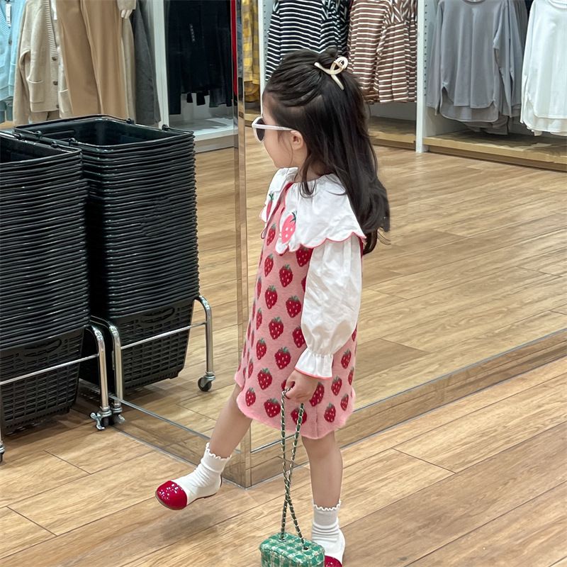 2024 Primavera Nuovo Coreano Bambini Vestiti Carino Ricamato Colletto Camicia Fragola Maglia Canotta Gonna per Ragazze_voghion.com