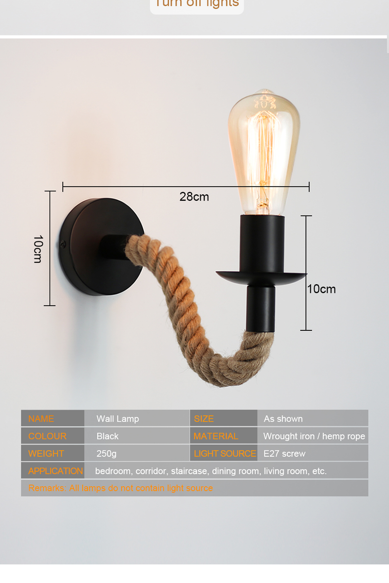 Lampada da parete vintage in corda di canapa Lampada da parete in legno E27 110V 220V Lampada da parete per corridoio per interni Loft per esterni Lampada da comodino per applique industriale_voghion.com
