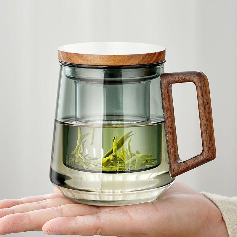 Modern Minimalist Double-Wall Glass Cup With Wooden Handle & Lid – Eco-Friendly Borosilicate Tea Mug (Heat-Resistant, Leak-Proof, Sweat-Free Design)_voghion.com