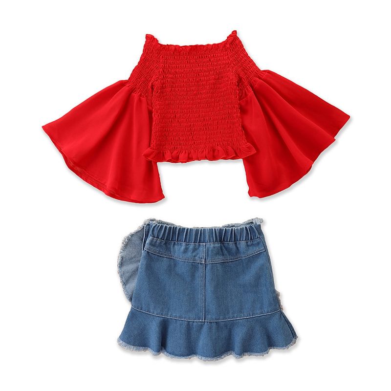 Grenzüberschreitende Kinderkleidung für Kinder im Frühlings- und Sommerstil, modischer Chiffon-One-Shoulder-Trompetenärmel-Top-Jeansrock-Mädchenanzug_voghion.com
