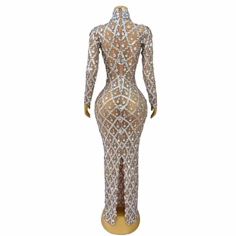 Elegante abito lungo in rete con strass scintillanti - Abito da sera sexy e trasparente per sfilate di moda ed eventi serali_voghion.com