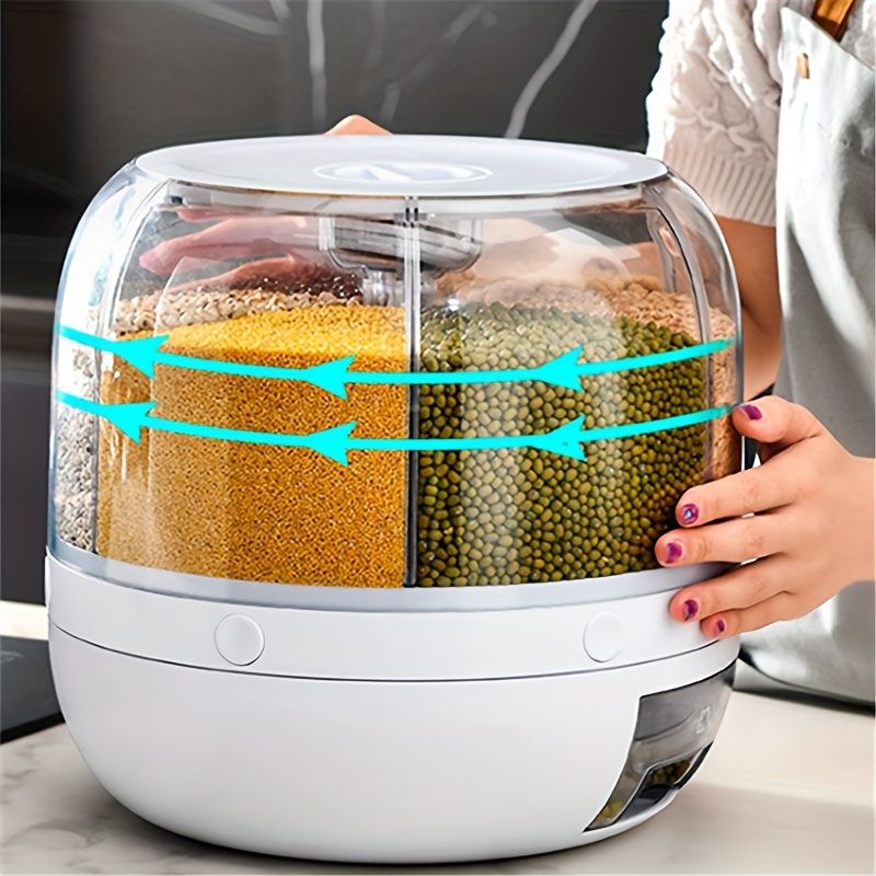 1pc 360-degree Rotating Grain Storage Box With 6 Compartments And Measuring Cup, Automatically Dispenses Rice With Press Button_voghion.com