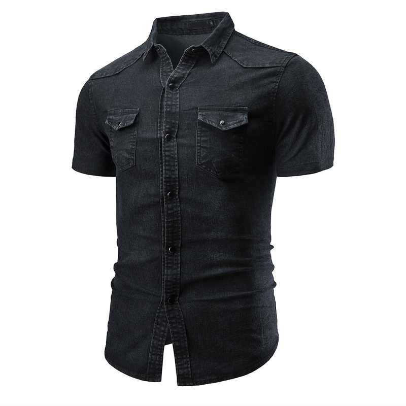 Man's clothing Men's denim short sleeve shirt Double pocket short sleeve shirt_voghion.com