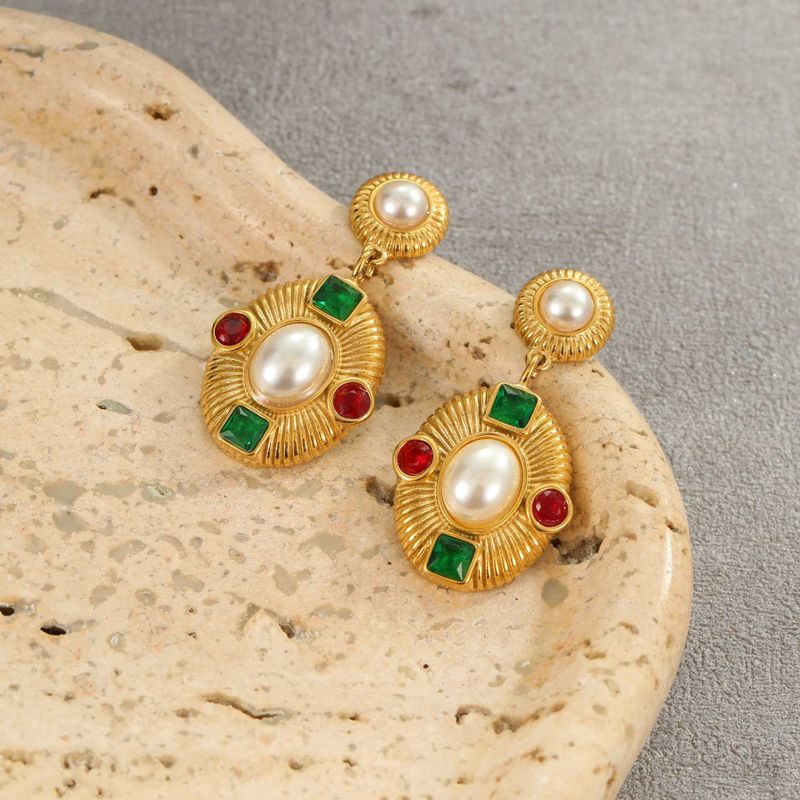 Retro Medieval Style Exaggerated Earrings Stainless Steel Plated 18K Gold Inlaid Pearl Zircon Titanium Steel Earrings_voghion.com