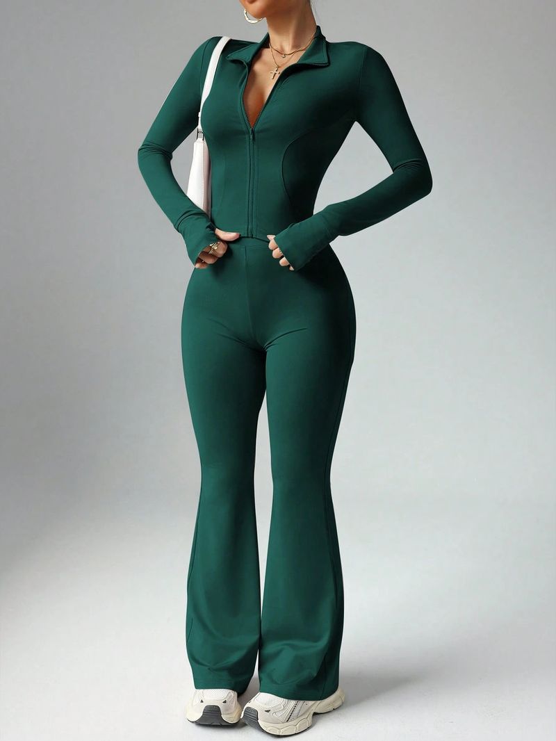 Women's Solid Color Long Sleeve Zip-Up Activewear Set With High-Waisted Flared Leggings & Quick-Dry Yoga Outfit_voghion.com