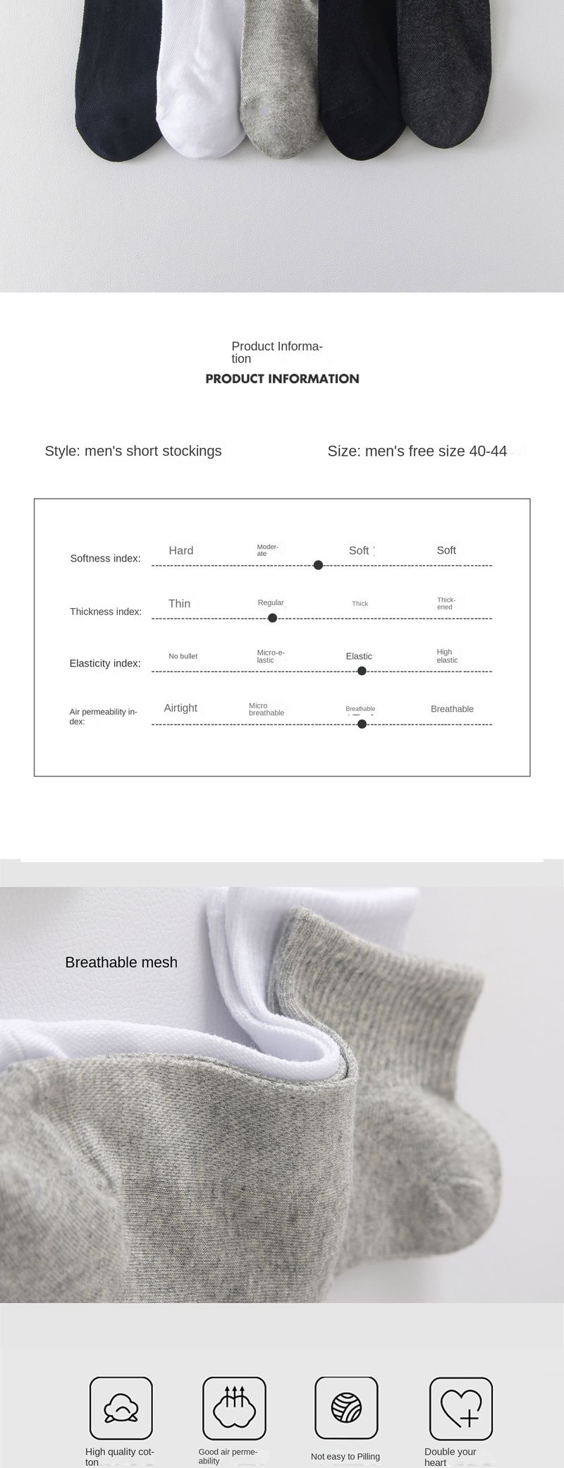 Chaussettes en maille chaussettes pour hommes sports de printemps et d'été chaussettes courtes pour hommes bas haut couleur unie chaussettes en coton d'été noir et blanc chaussettes bateau_voghion.com
