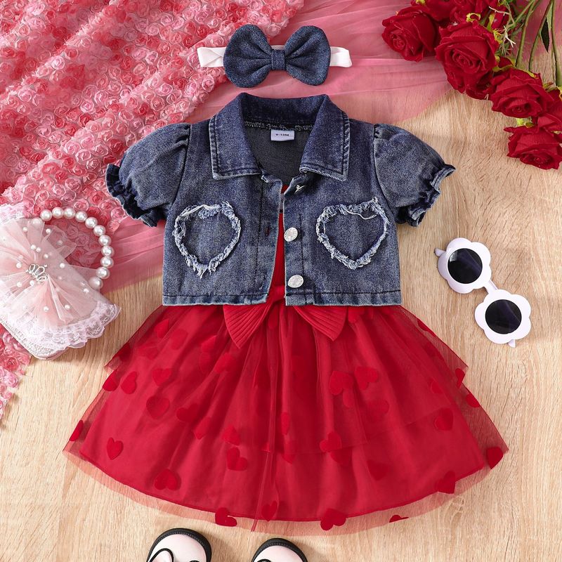 Kannerkleeder Summer Puppelchen Meedchen Kostüm Jeans Kuerzjackett Hosenträger Mesh Tüllrock_voghion.com