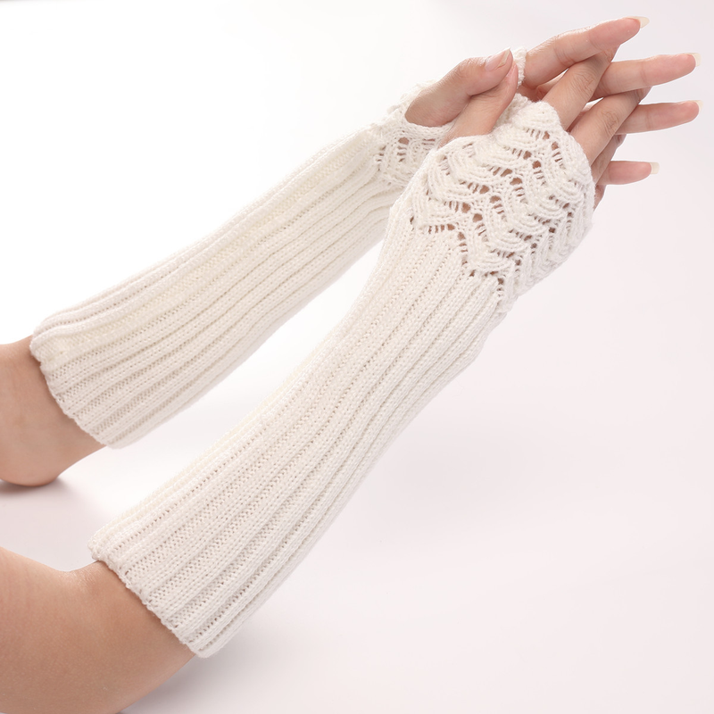 New Autumn Winter Men Women Knitted Fish Scale Fingerless Gloves Mid-Length Woolen Arm Warmers Warm Wrist Guards_voghion.com
