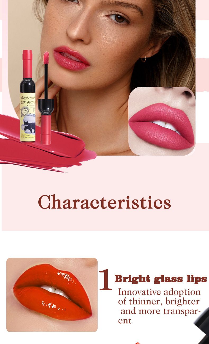 Lipgloss-Kosmetik, Rotweinflasche, reißbarer Lipgloss, Lippenflüssigkeit, leicht zu färben, Antihaft-Becher, verblasst nicht leicht, Lip Glaze, Lippenstift-Wasser_voghion.com