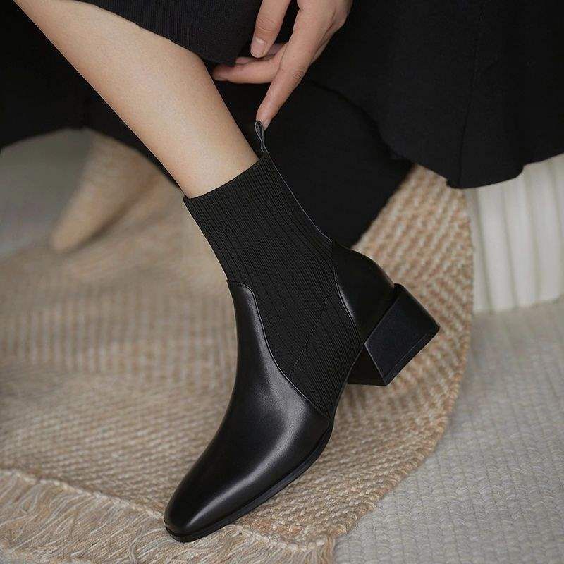 35-43 Large Size Shoes Thick Martin Women's 41 Square Toe Mid Heel Stretch Sock Knitted Slim Short Boots 42_voghion.com