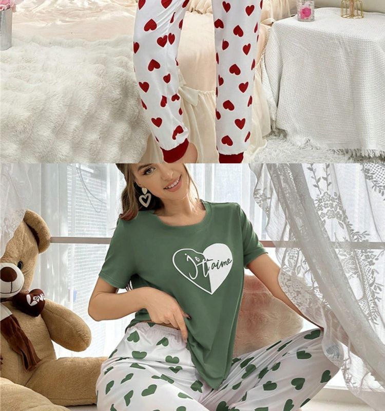 Conjunto de pijama de talla grande para mujer, ropa de estar por casa, estampado en forma de corazón, conjunto de pantalón y camiseta de manga corta, ajustado, informal y cómodo._voghion.com