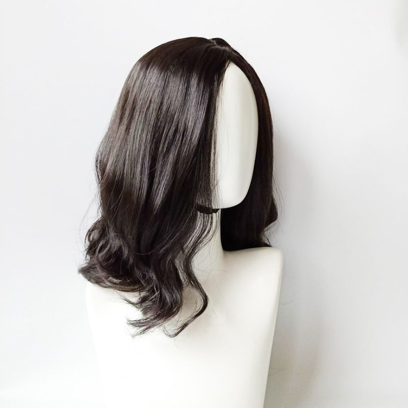 Perruque femme cheveux mi-longs avec frange et cheveux longs bouclés mécanisme coiffure en fibre chimique_voghion.com
