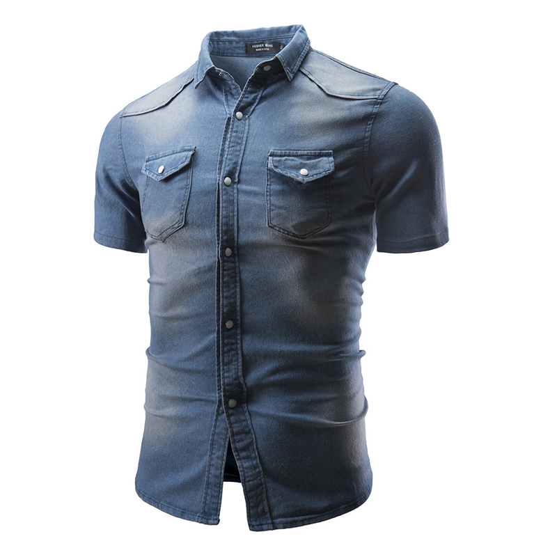 Man's clothing Men's denim short sleeve shirt Double pocket short sleeve shirt_voghion.com