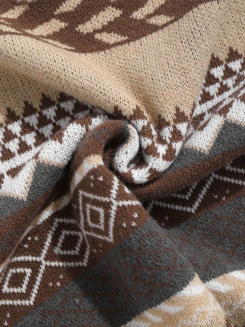 Pull tricoté rétro chaud et doux pour femme, col rond, manches longues, couleur contrastée, motif losanges, collection automne et hiver_voghion.com