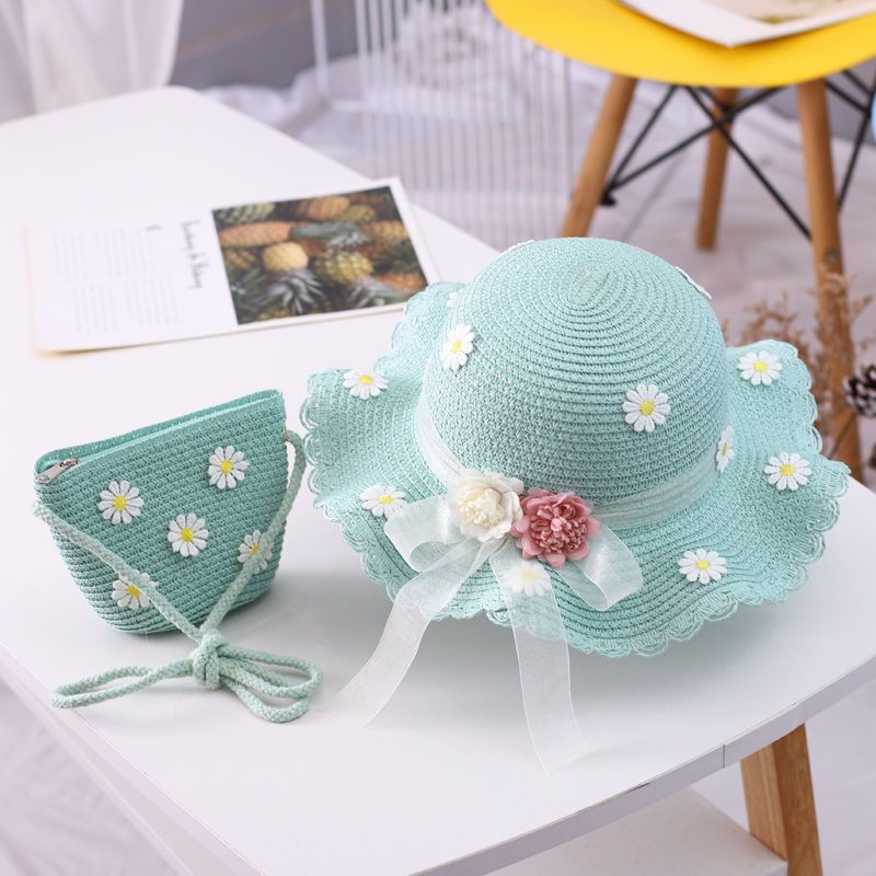 Vendita calda ragazze cappello di paglia per bambini estate spiaggia cappelli pieghevoli set carino berretto floscio misura regolabile con cinturino sotto il mento per 5-10 anni_voghion.com