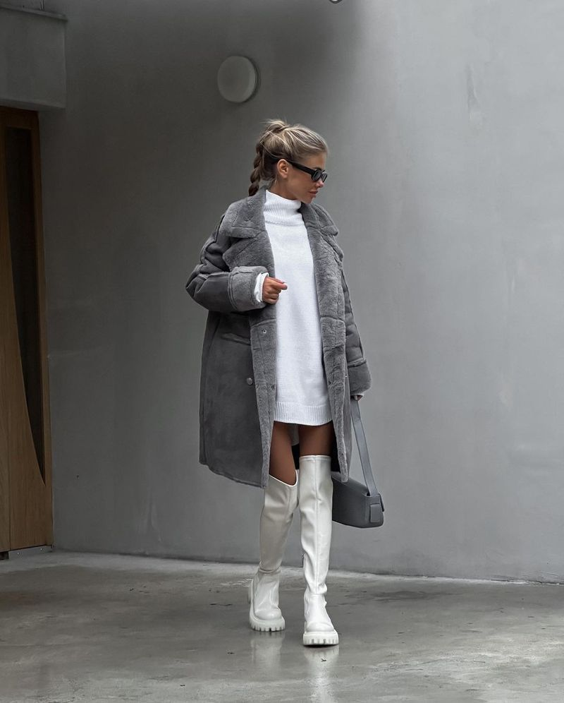Damen-Strickjacke aus Wildleder mit Anzugkragen und langen Ärmeln und Plüschmantel_voghion.com