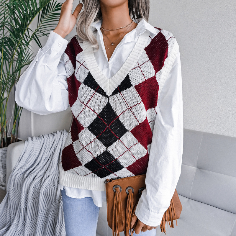 Vêtements pour femmes automne et hiver style collégial losange col en v décontracté gilet tricoté ample pull vêtements pour femmes_voghion.com