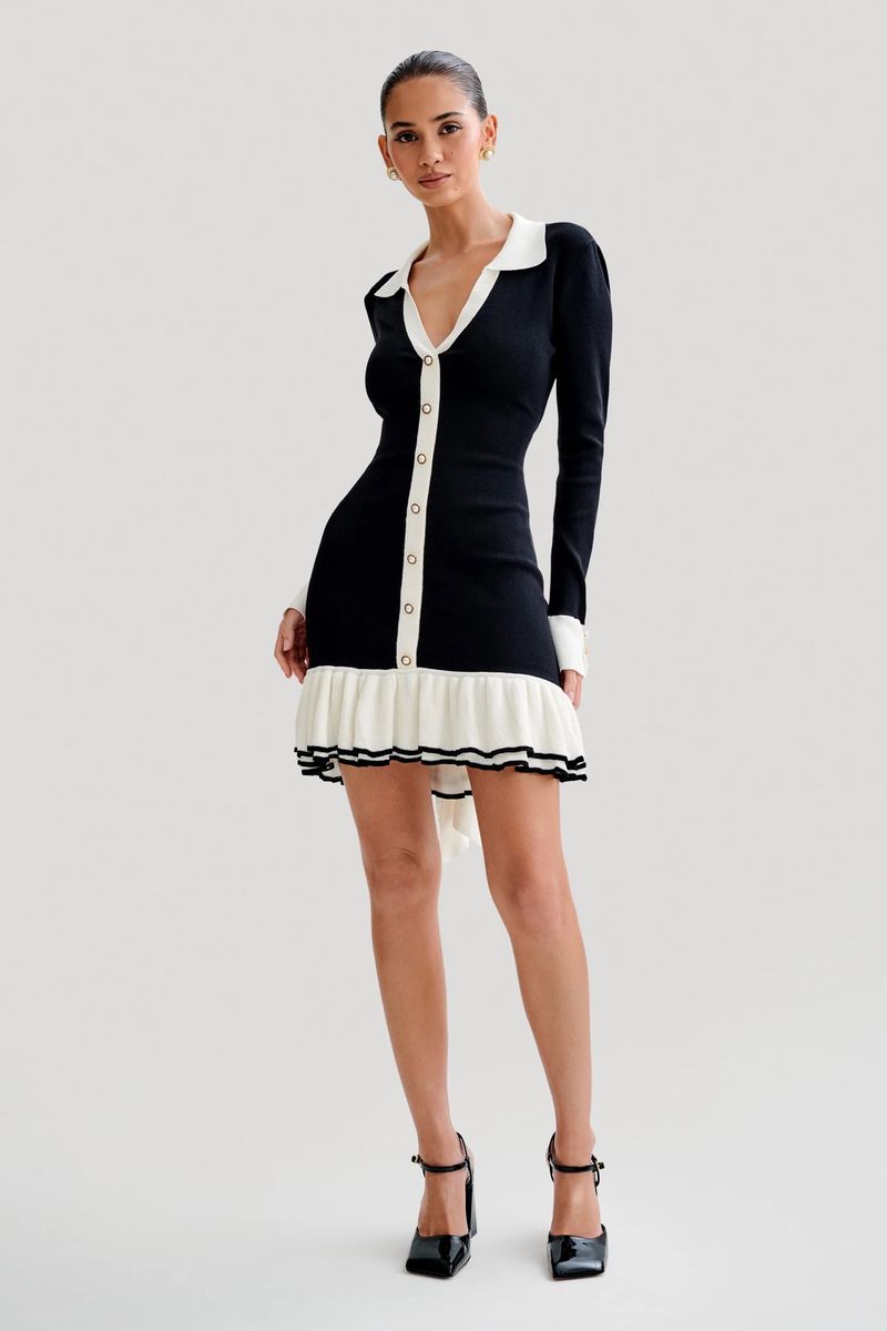 Damenbekleidung Fliege Rüschen Strickrock Langarm Perlenknopf kleiner Duft Stil Kleid_voghion.com