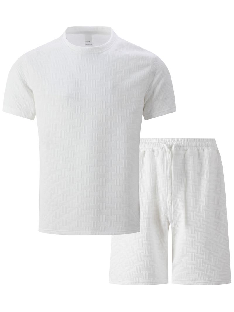 Conjunto masculino de camiseta e shorts de manga curta em malha waffle - gola de lapela com detalhe de zíper, terno casual de cor sólida_voghion.com