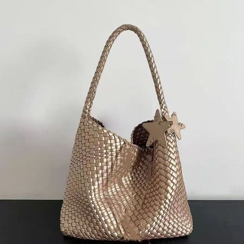 Borsa a secchiello da donna con motivo intrecciato color champagne, grande capacità, da portare a mano o a spalla_voghion.com