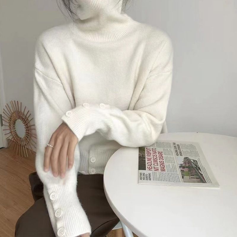 Maglione lavorato a maglia ampio con collo alto da donna - Pullover invernale morbido ed elegante in tinta unita_voghion.com